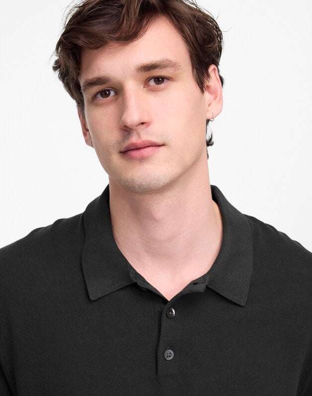 Three-Button Sweater Polo in Garment Dye BLACK COAL