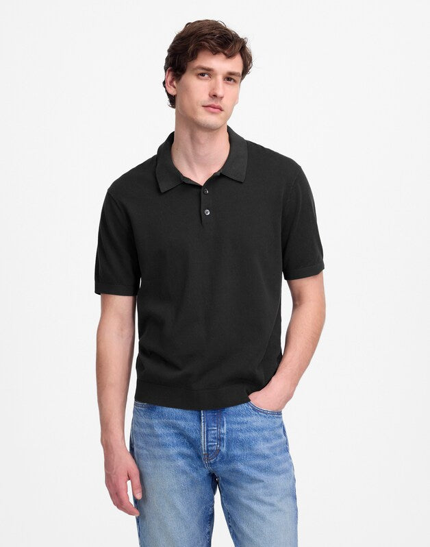 Three-Button Sweater Polo in Garment Dye BLACK COAL