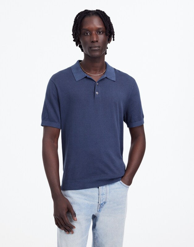 Three-Button Sweater Polo in Garment Dye NIGHT INDIGO