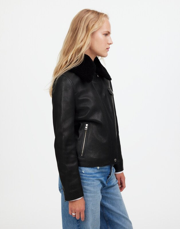 Sherpa-Collar Asymmetric Zip-Front Jacket in Leather TRUE BLACK
