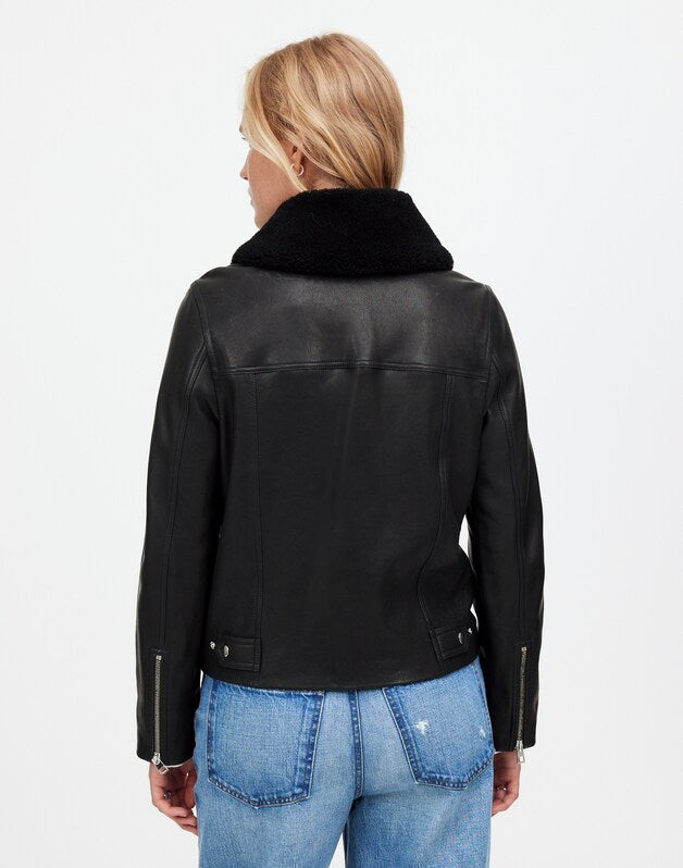 Sherpa-Collar Asymmetric Zip-Front Jacket in Leather TRUE BLACK
