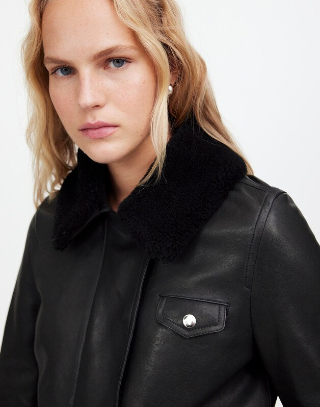 Sherpa-Collar Asymmetric Zip-Front Jacket in Leather TRUE BLACK