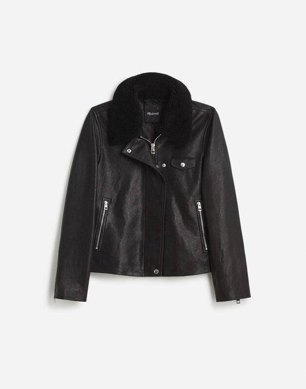 Sherpa-Collar Asymmetric Zip-Front Jacket in Leather TRUE BLACK