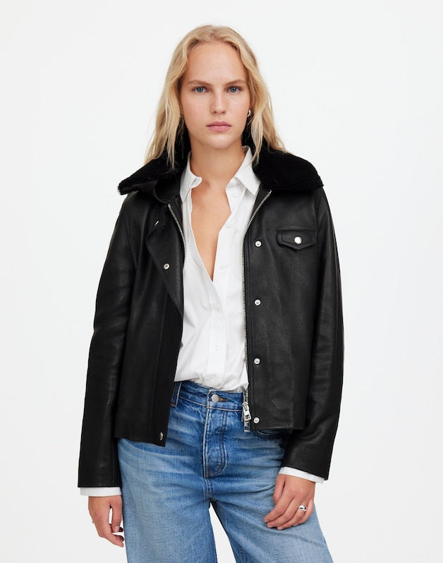 Sherpa-Collar Asymmetric Zip-Front Jacket in Leather TRUE BLACK