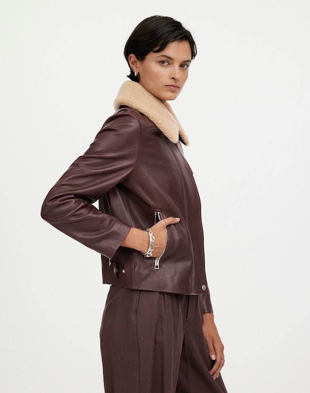 Sherpa-Collar Asymmetric Zip-Front Jacket in Leather DARK COFFEE