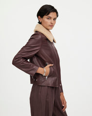 Sherpa-Collar Asymmetric Zip-Front Jacket in Leather DARK COFFEE