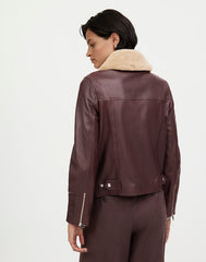 Sherpa-Collar Asymmetric Zip-Front Jacket in Leather DARK COFFEE