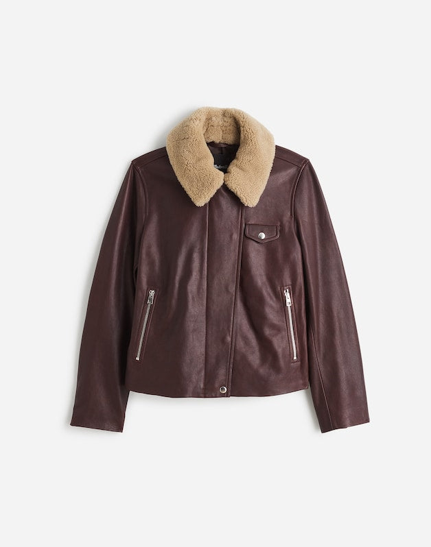 Sherpa-Collar Asymmetric Zip-Front Jacket in Leather DARK COFFEE