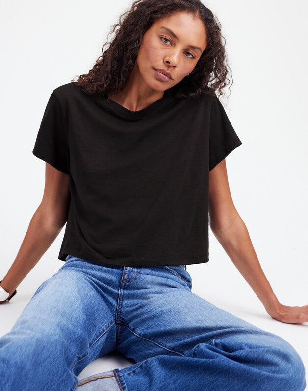 The Easy Crop Crewneck Tee in Soft Slub JET BLACK