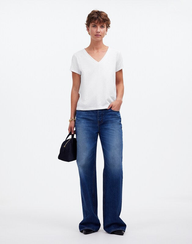 The Easy V-Neck Tee in Soft Slub EYELET WHITE