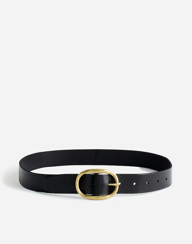 Oval-Buckle Distressed Leather Belt TRUE BLACK