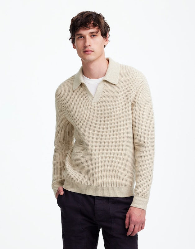 Johnny-Collar Sweater Polo Shirt in Waffle Knit HEATHER LIGHT SAND