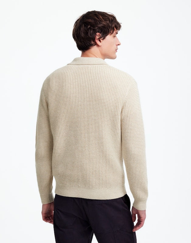 Johnny-Collar Sweater Polo Shirt in Waffle Knit HEATHER LIGHT SAND