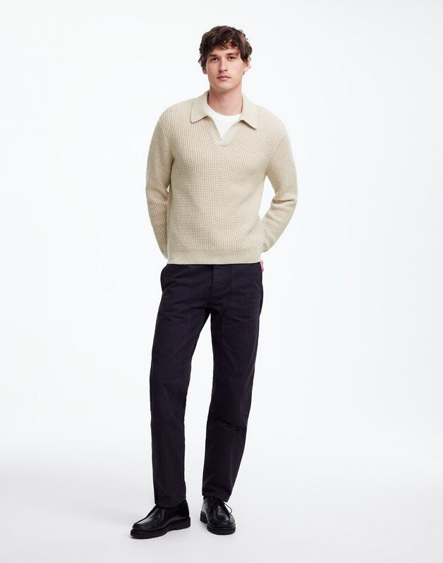 Johnny-Collar Sweater Polo Shirt in Waffle Knit HEATHER LIGHT SAND
