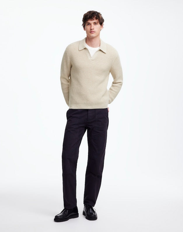 Johnny-Collar Sweater Polo Shirt in Waffle Knit HEATHER LIGHT SAND