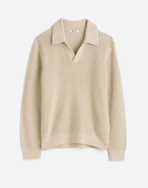 Johnny-Collar Sweater Polo Shirt in Waffle Knit HEATHER LIGHT SAND