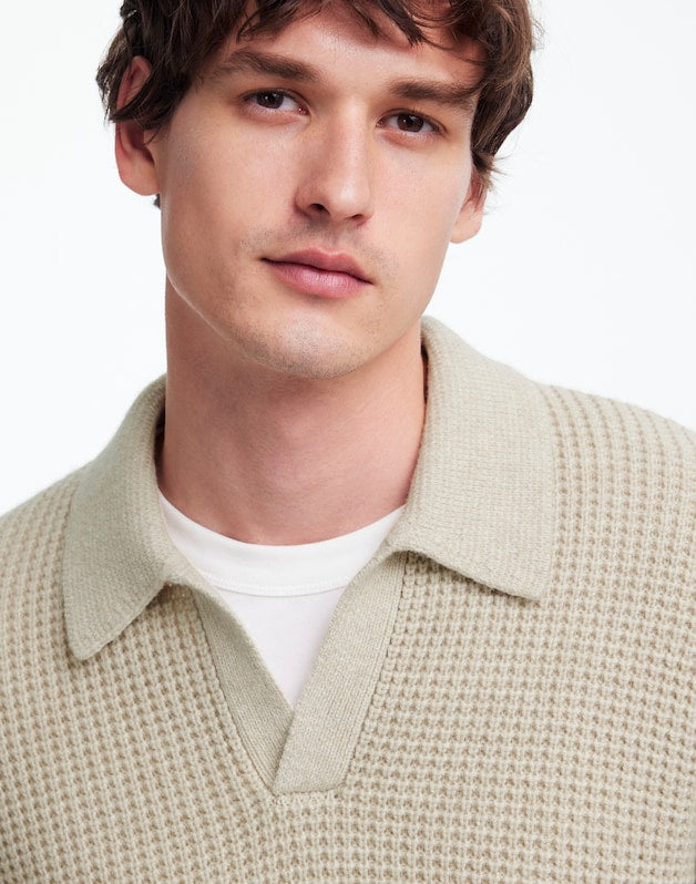 Johnny-Collar Sweater Polo Shirt in Waffle Knit HEATHER LIGHT SAND