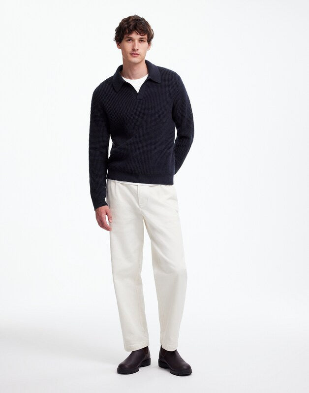 Johnny-Collar Sweater Polo Shirt in Waffle Knit MIDNIGHT BLUE