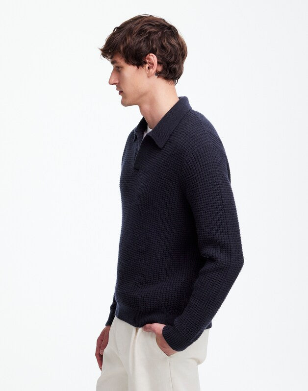 Johnny-Collar Sweater Polo Shirt in Waffle Knit MIDNIGHT BLUE