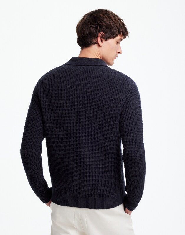 Johnny-Collar Sweater Polo Shirt in Waffle Knit MIDNIGHT BLUE