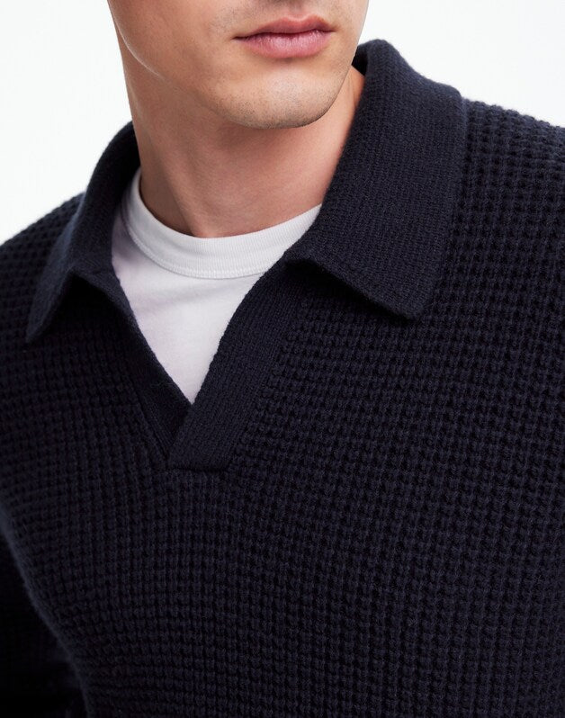 Johnny-Collar Sweater Polo Shirt in Waffle Knit MIDNIGHT BLUE