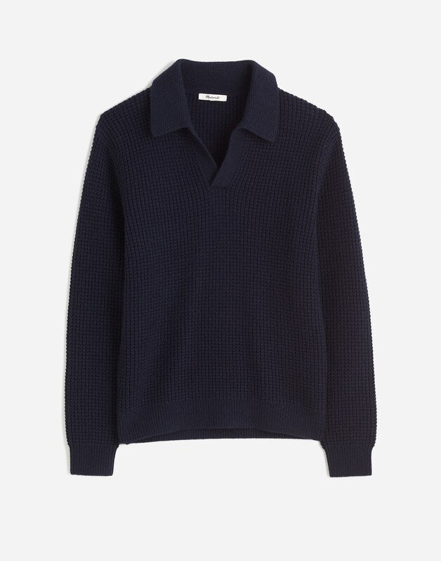 Johnny-Collar Sweater Polo Shirt in Waffle Knit MIDNIGHT BLUE