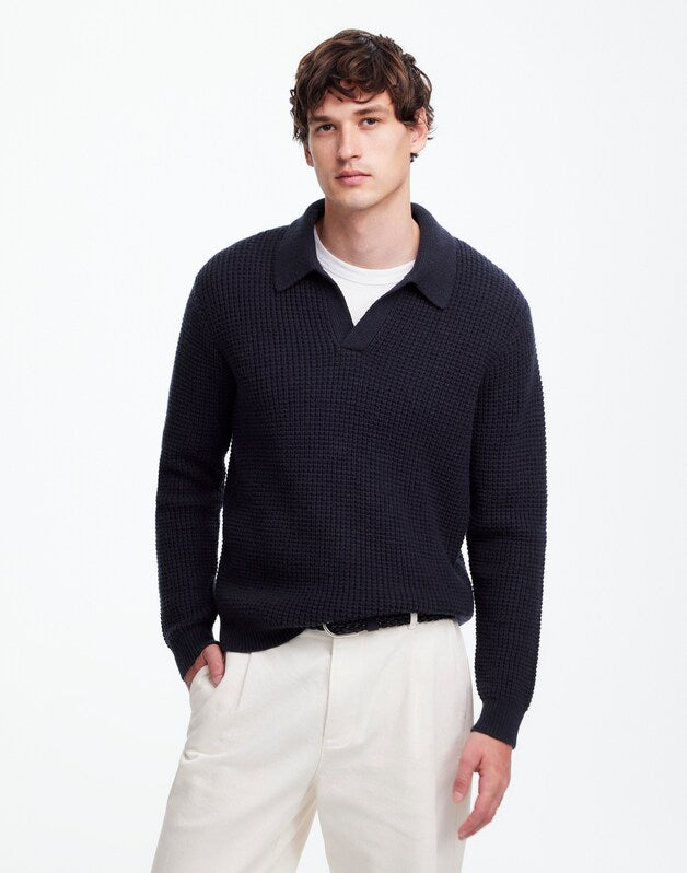 Johnny-Collar Sweater Polo Shirt in Waffle Knit MIDNIGHT BLUE