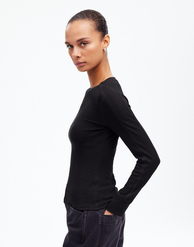 Ribbed Crewneck Long-Sleeve Tee JET BLACK