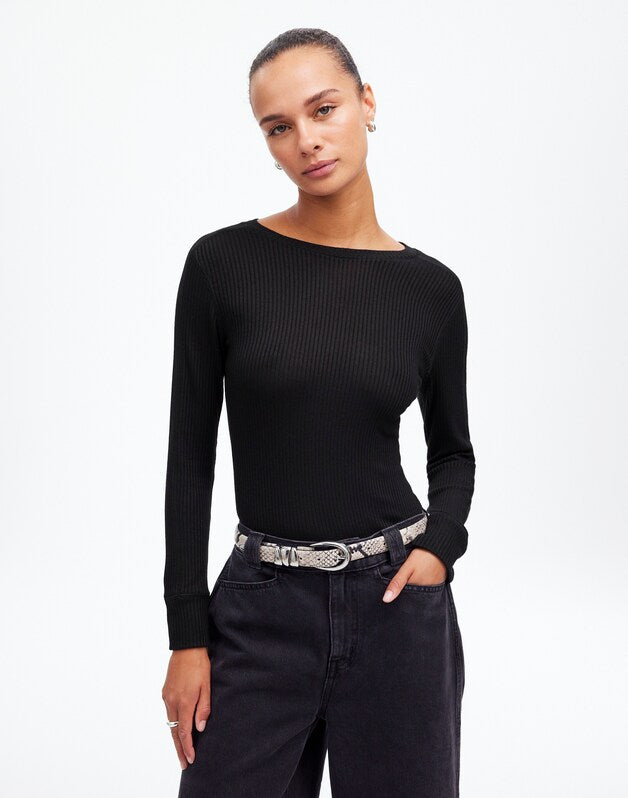 Ribbed Crewneck Long-Sleeve Tee JET BLACK