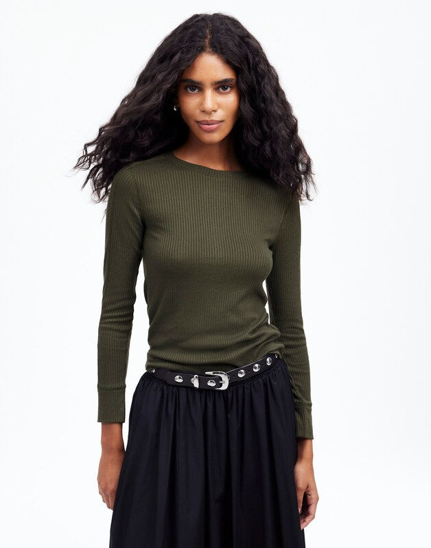 Ribbed Crewneck Long-Sleeve Tee MOSSY UMBER