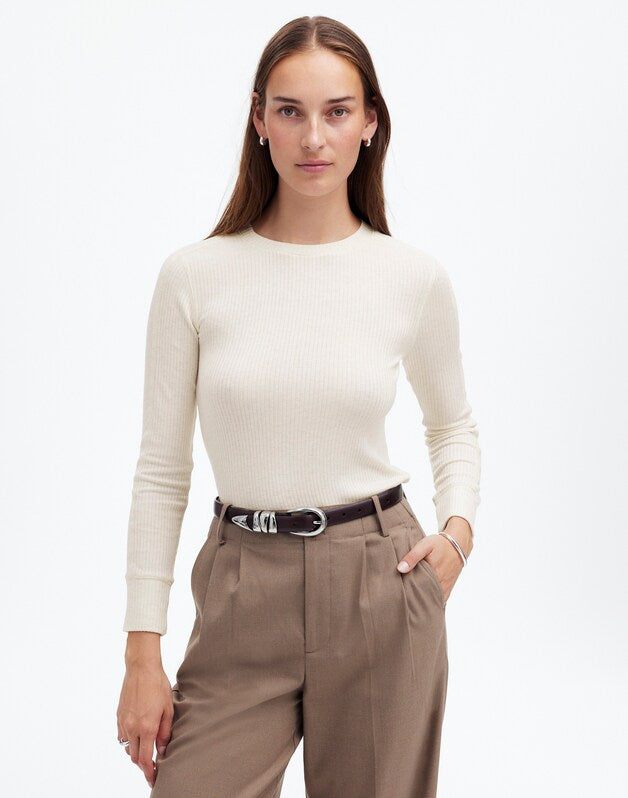 Ribbed Crewneck Long-Sleeve Tee HTHR CREAM