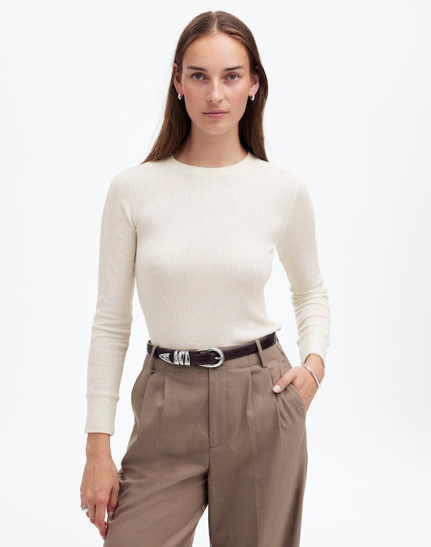 Ribbed Crewneck Long-Sleeve Tee HTHR CREAM