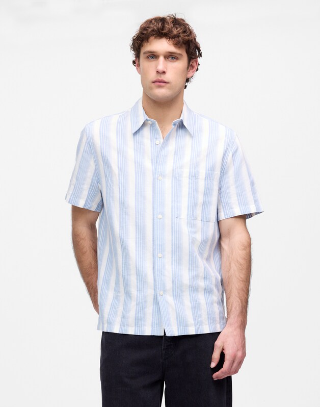 Button-Up Short-Sleeve Shirt in Cotton-Linen Blend AMERICANA BLUE