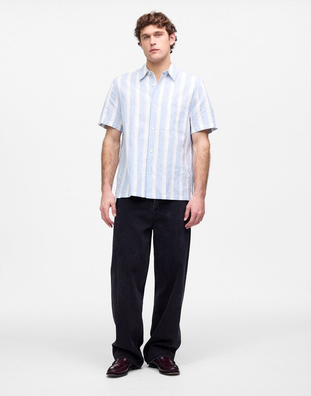 Button-Up Short-Sleeve Shirt in Cotton-Linen Blend AMERICANA BLUE