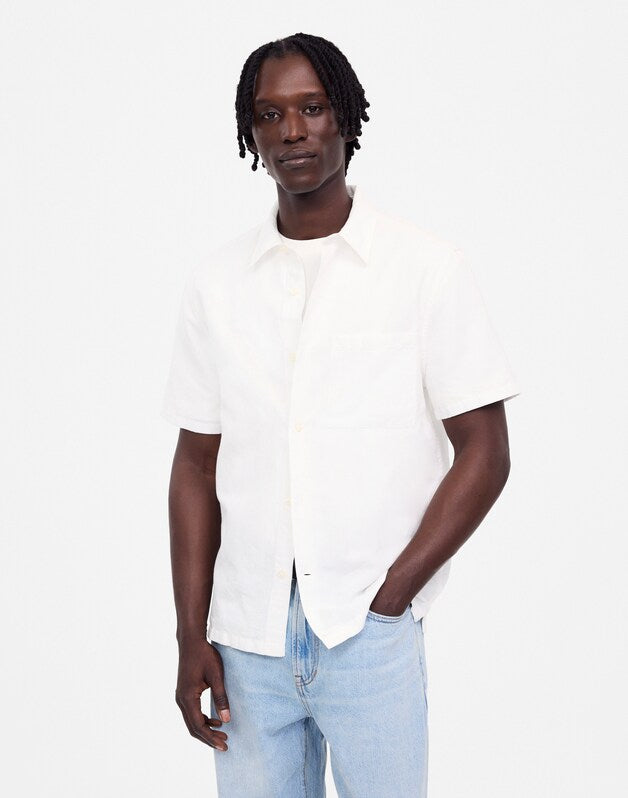 Button-Up Short-Sleeve Shirt in Cotton-Linen Blend WHITE