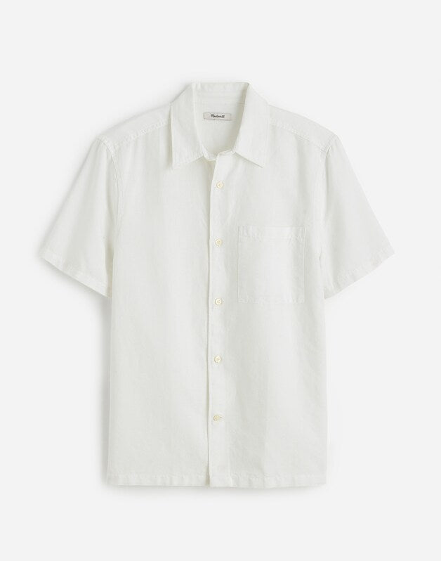 Button-Up Short-Sleeve Shirt in Cotton-Linen Blend WHITE