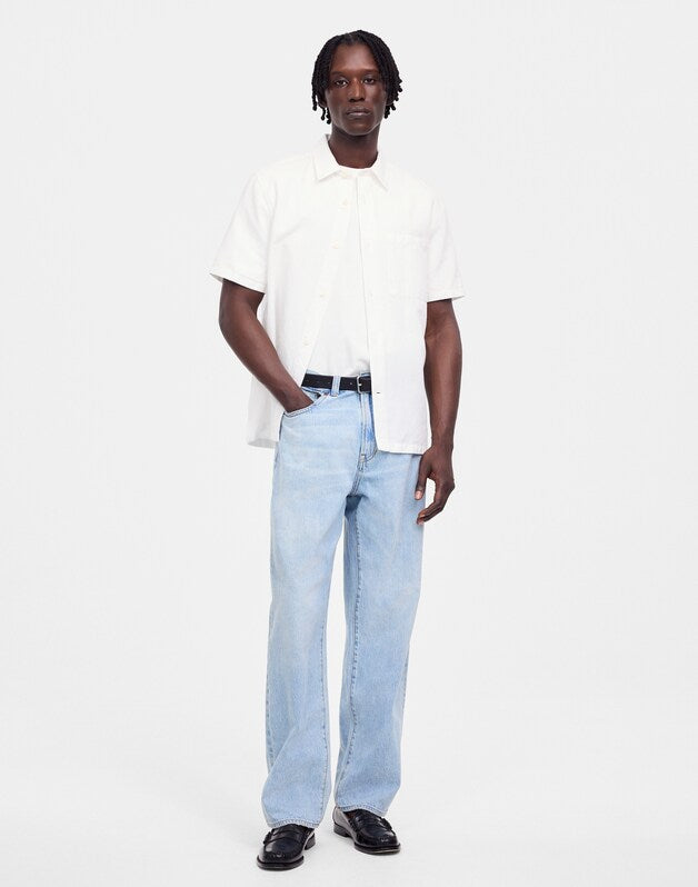 Button-Up Short-Sleeve Shirt in Cotton-Linen Blend WHITE