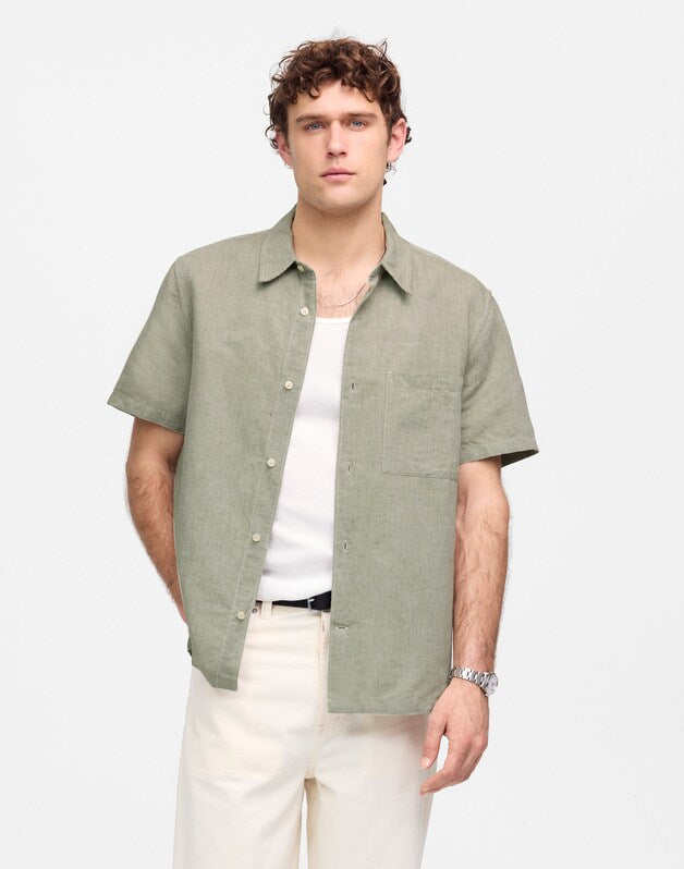 Button-Up Short-Sleeve Shirt in Cotton-Linen Blend SAGE