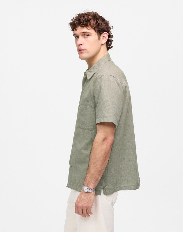 Button-Up Short-Sleeve Shirt in Cotton-Linen Blend SAGE