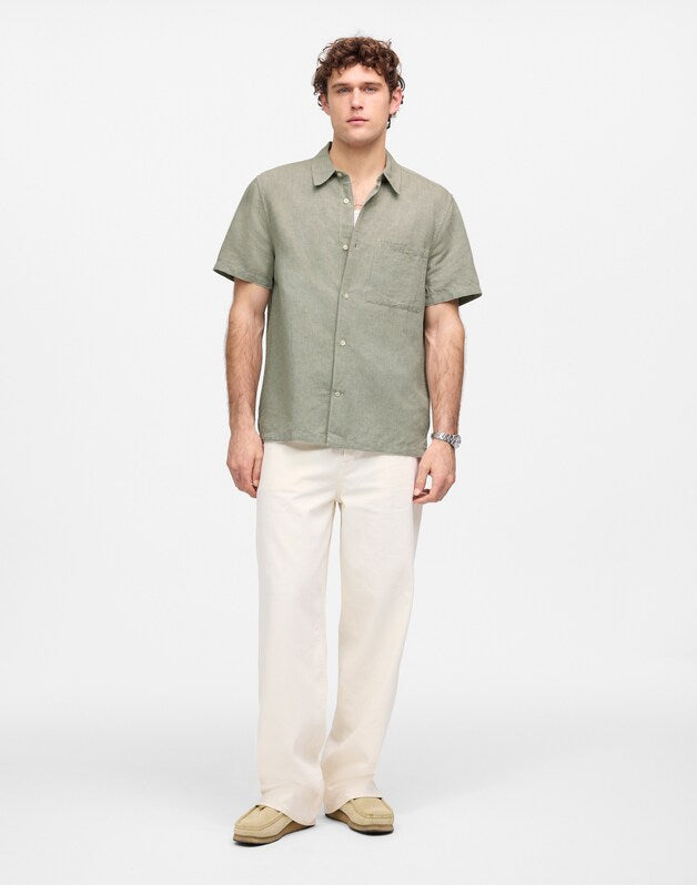 Button-Up Short-Sleeve Shirt in Cotton-Linen Blend SAGE