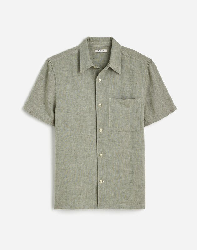 Button-Up Short-Sleeve Shirt in Cotton-Linen Blend SAGE