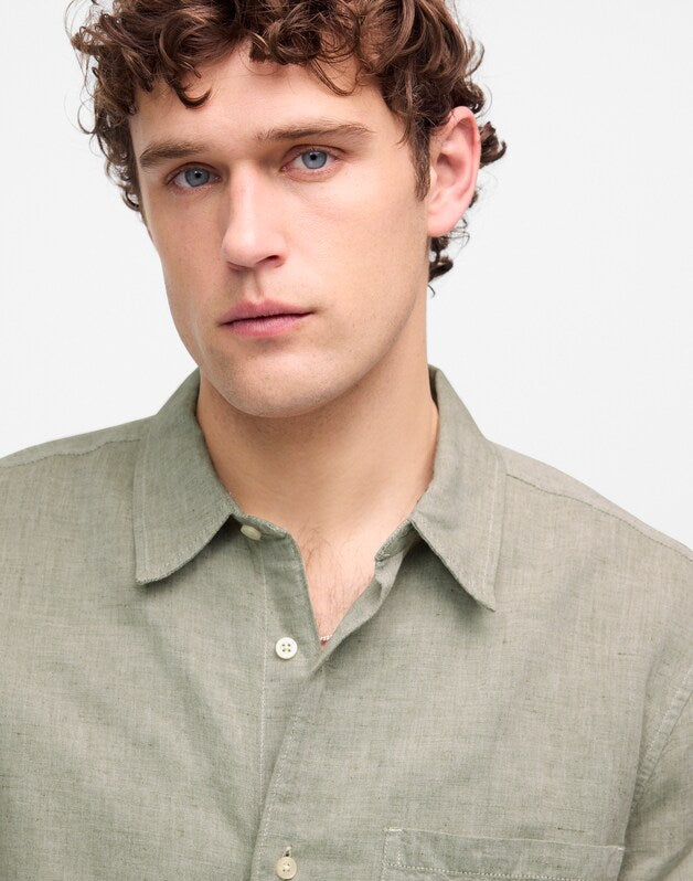 Button-Up Short-Sleeve Shirt in Cotton-Linen Blend SAGE