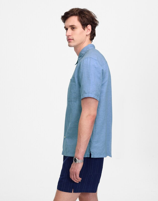 Button-Up Short-Sleeve Shirt in Cotton-Linen Blend MICRO STRIPE
