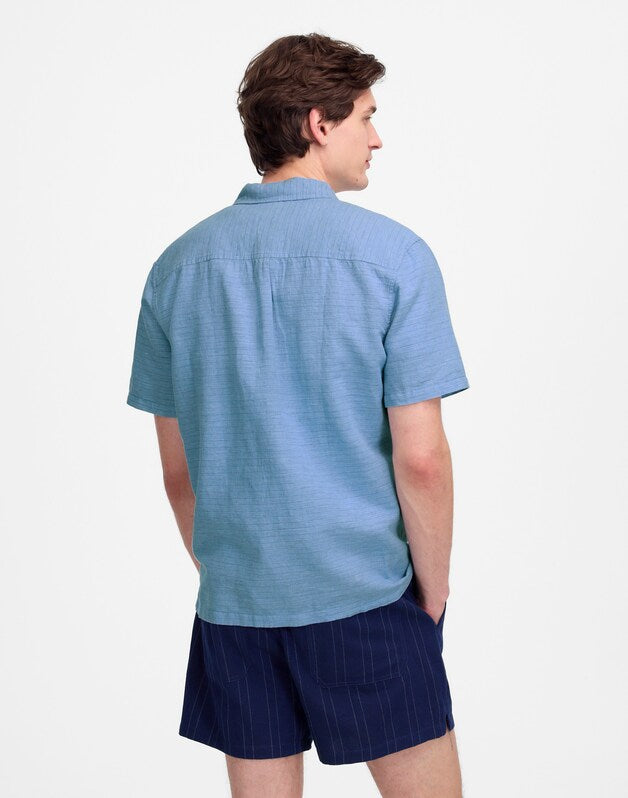 Button-Up Short-Sleeve Shirt in Cotton-Linen Blend MICRO STRIPE