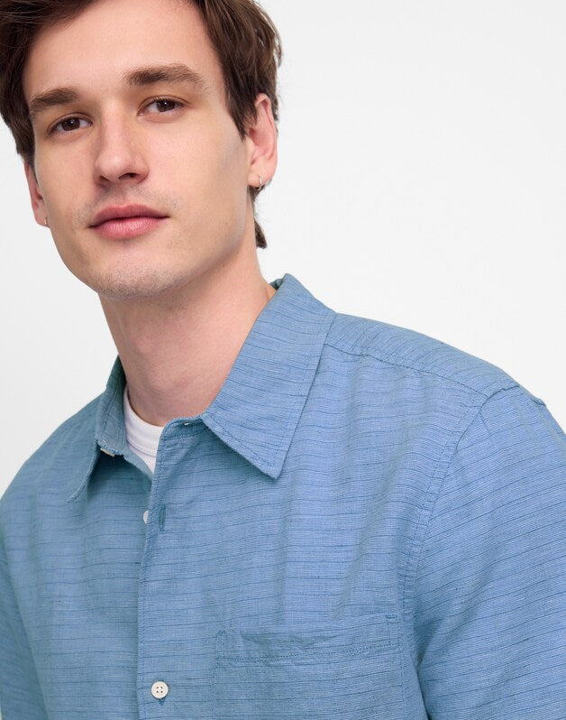 Button-Up Short-Sleeve Shirt in Cotton-Linen Blend MICRO STRIPE