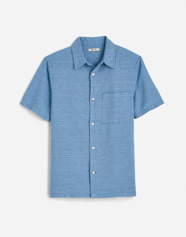 Button-Up Short-Sleeve Shirt in Cotton-Linen Blend MICRO STRIPE