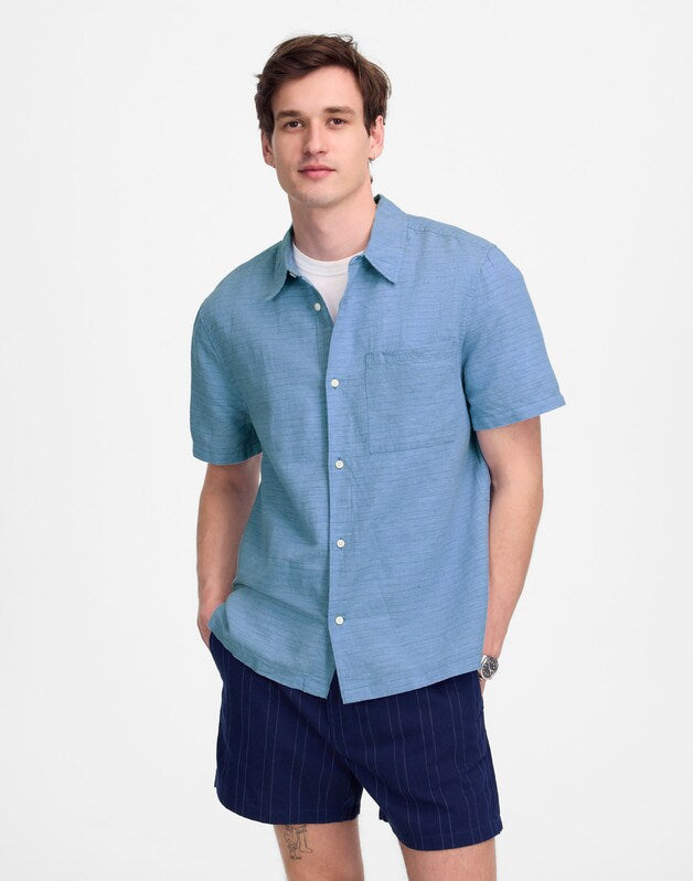 Button-Up Short-Sleeve Shirt in Cotton-Linen Blend MICRO STRIPE