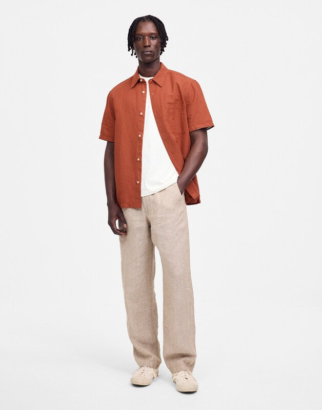 Button-Up Short-Sleeve Shirt in Cotton-Linen Blend TERRACOTTA