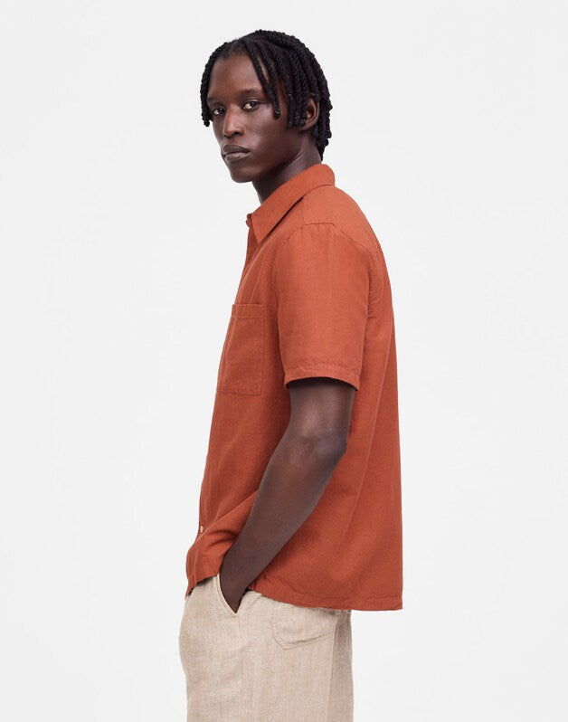 Button-Up Short-Sleeve Shirt in Cotton-Linen Blend TERRACOTTA