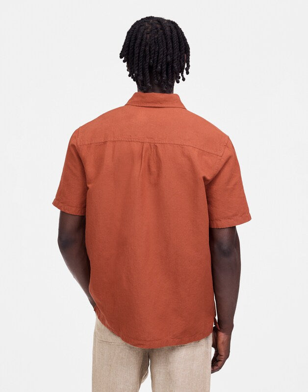 Button-Up Short-Sleeve Shirt in Cotton-Linen Blend TERRACOTTA